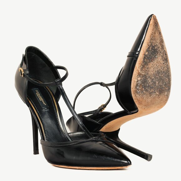 Dolce & Gabbana Black Patent Leather T-Strap Heels - Picture 4 of 11